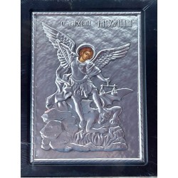 Kovová ikona Svatého archanděla Michaela bojujícího s dáblem