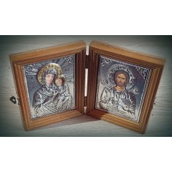 Diptych dřevěný s kovovými ikonami Krista a Panny Marie