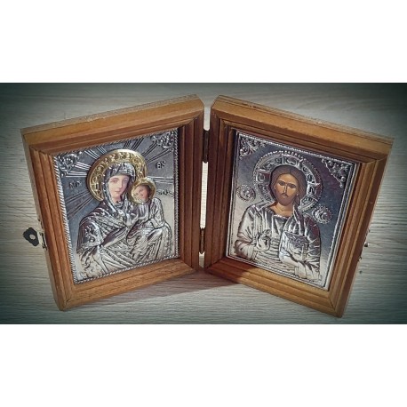 Diptych dřevěný s kovovými ikonami Krista a Panny Marie