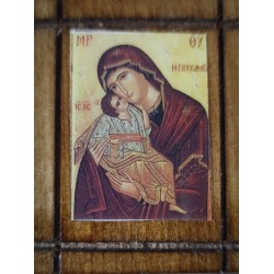 Malá dřevěná nalepovací ikonka s Pannou Marií athoská
