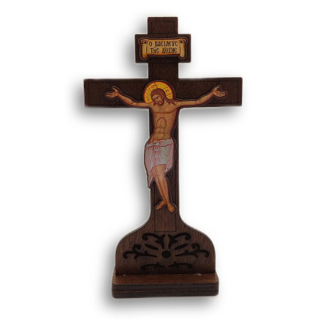 Pravoslavný Dřevěný Kříž v Ruském Stylu s Podstavcem 10 x 17 cm