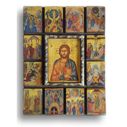 Ikona  Krista Vševládce s 12 malými ikonami ze života Krista