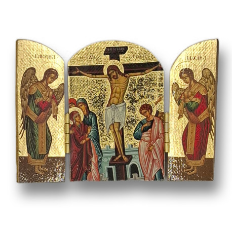 Pozlacený řecký triptych - Ukřižování Krista, 10 x 7 cm