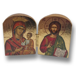 Pozlacený řecký diptych - Matka Boží Hodegetria a Kristus Pantokrator, 7,5 x 5 cm