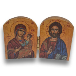 Řecký dřevěný diptych - Matka Boží Hodegetria a Kristus Pantokrator, 7,5 x 5 cm