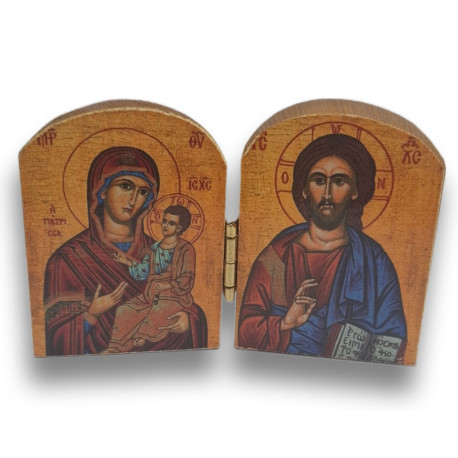 Pozlacený řecký triptych - Matka Boží Eleousa s archanděly, 7,5 x 5 cm