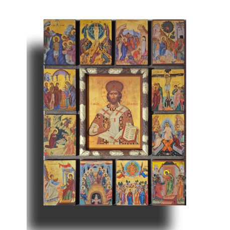 Ikona  Krista Vševládce s 12 malými ikonami ze života Krista