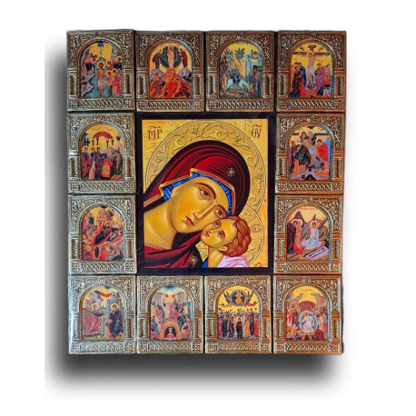 Ikona Panny Marie Uzdravující s Kristem a dvanácti výjevy ze života Ježíše a Panny Marie
