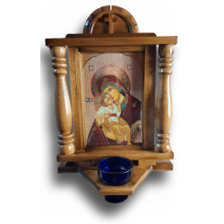 Dřevěná ikona Panny Marie s Dítětem a modlitebním pohárkem