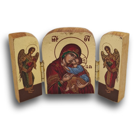 Řecký triptych - Matka Boží Eleousa s archanděly Michaelem a Gabrielem, 7,5 x 5 cm