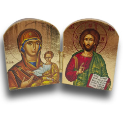 Dřevěný řecký diptych – Kristus Pantokrator a Panna Maria s Dítětem (Hodigitria) ve zlatém provedení