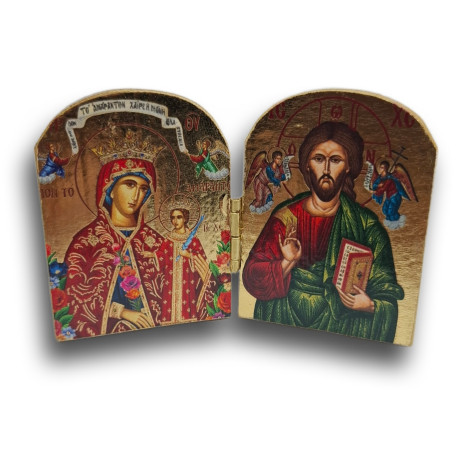 Pozlacený řecký triptych - Matka Boží Eleousa s archanděly, 7,5 x 5 cm