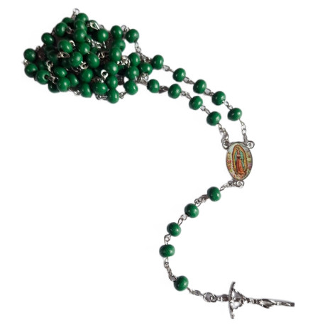 Zelený kovový růženec s Pannou Marií Guadalupskou – 48 cm