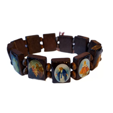 Fialový dřevěný náramek s katolickými motivy svatých – elastický