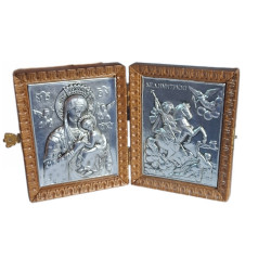 Diptych dřevěný s kovovými ikonami Krista a Panny Marie