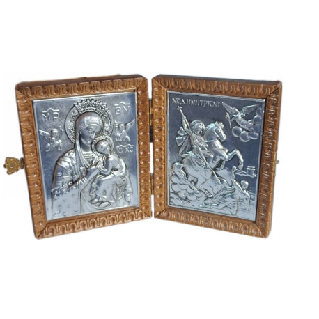 Diptych dřevěný s kovovými ikonami Krista a Panny Marie