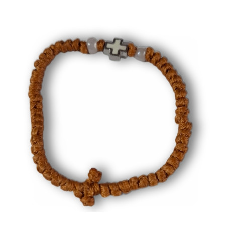 Pravoslavný hnědý křesťanský modlitební náramek s kovovým křížem
