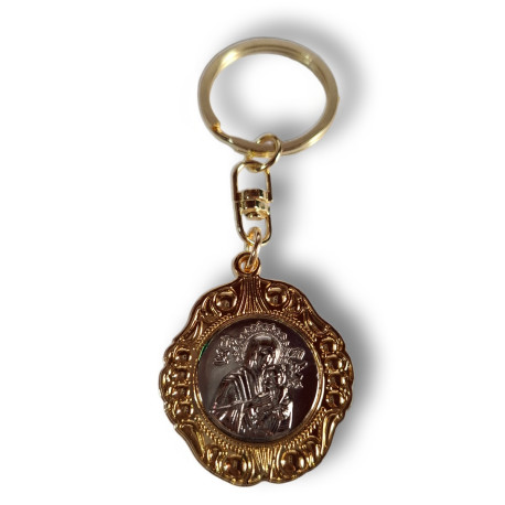 Klíčenka s medailonkem Panny Marie a křížem – oválný kovový přívěsek